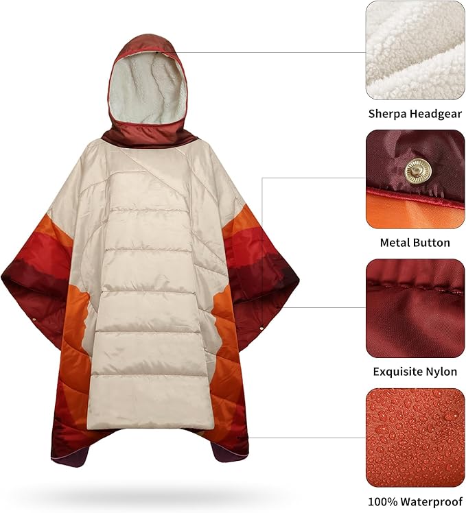 Camping Blanket Poncho Wearable Hoodie Blankets Outdoor Waterproof Windproof Warm Durable &amp Portable for Stadium Concerts CarTravel Beach Picnic Grass75 * 52 inch