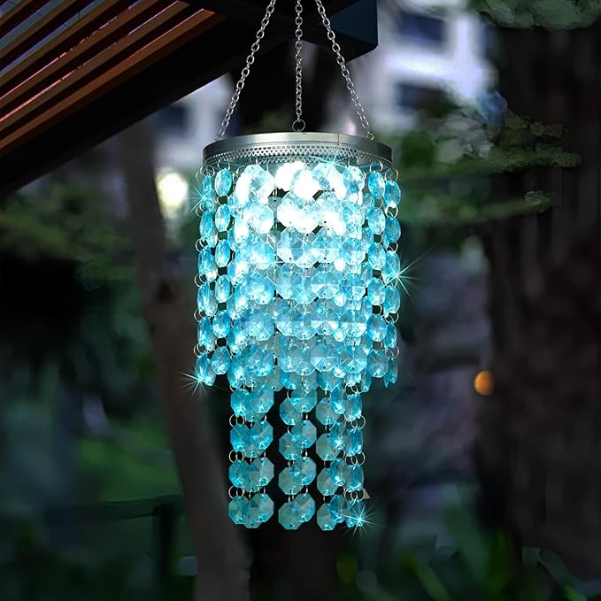 Hanging Solar Crystal Chandelier Outdoor 21” Modern Solar Blue Acrylic Beaded Lantern with Cool White LED S Hooks for Garden Yard Patio Gazebo Outside Decor