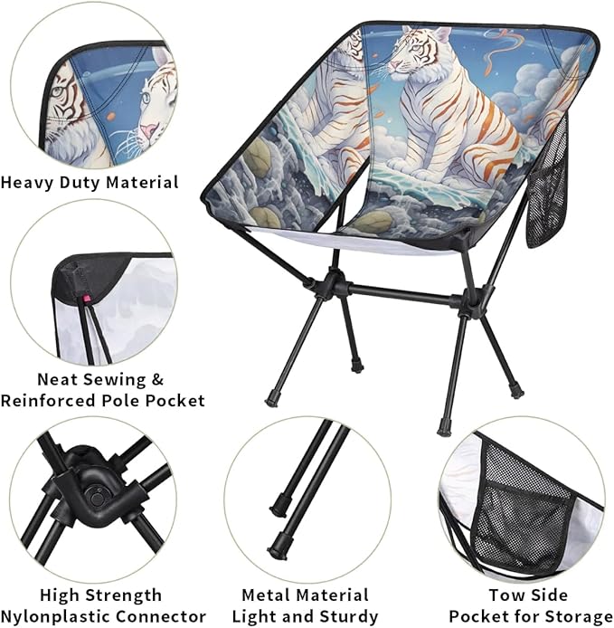 Portable Camping Chair Ocean Waves Tiger Ultralight Folding Camping Chair Backpacking Hiking Chair with Cup Holder for Outdoor Travel Beach Picnic Festival Compact Portable 176 lbs Capacity