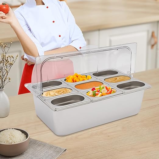 9-Compartment Stainless Steel Food Serving Tray with Lid Countertop Buffet Condiment Dispenser Display Container with Ice Packs 9 Tongs &amp Spoons for Restaurant Hotel Kitchen Party