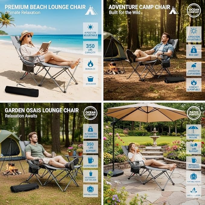 Northroad Foldable Camping Chair w/Foot Rest Outdoor 6 Legged Beach Chair w/Footrest Adjustable 90°- 135° Reclining Lounge Chair w/Detachable Pillow Cup Holder &amp Carry Bag
