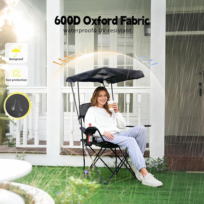 YOUNG WOOD Portable Camping Chair Beach Chair with Shade Canopy Fold Lightweight Oversized for All Easy to Open and Close Without Installation Side Pocket Design for All Outdoor ActivitiesBlack