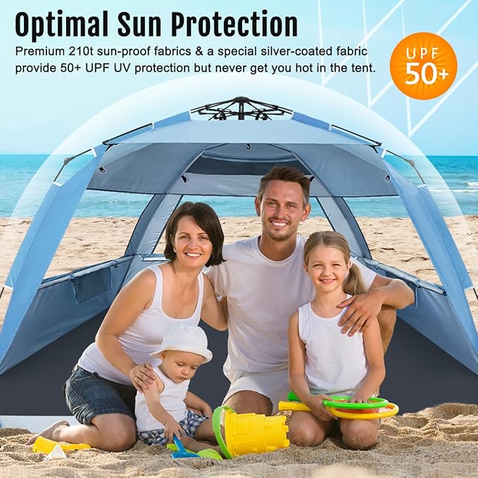 WhiteFang Deluxe Pop Up Beach Tent Sun Shade Shelter for 3-4/5-6 Person UV Protection Extendable Floor with 3 Ventilating Windows Plus Carrying Bag Stakes and Guy Lines