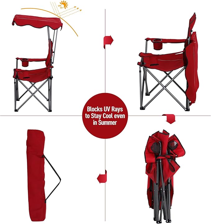 LET'S CAMP Camp Chair with Shade Canopy Folding Camping Recliner Chair with Carry Bag for Outdoor Camping Hiking Beach Heavy Duty 350 LBS
