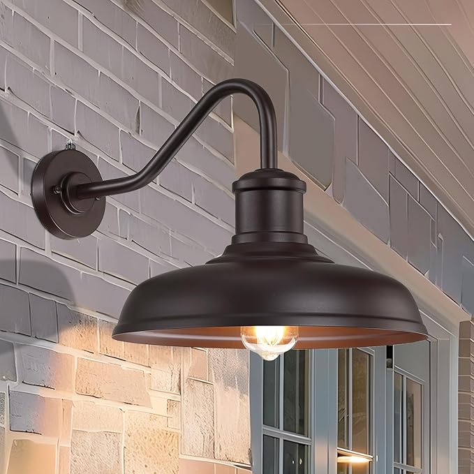 13.8'' Large Dusk to Dawn Outdoor Gooseneck Barn Light 2-Pack Outdoor Wall Sconce Farmhouse Exterior Light Wall Lighting Fixture Industrial Lantern for Porch Entryway Garage Brown
