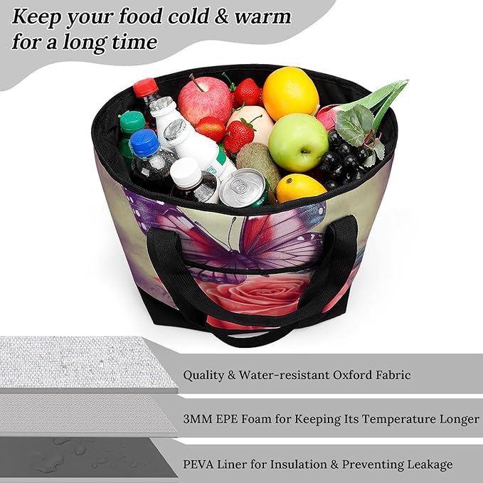 Insulated Shopping BagLarge Reusable Cooler Bags Butterfly And Rose Printed Foldable Shopping BagTravel Waterproof Shoulder Bag