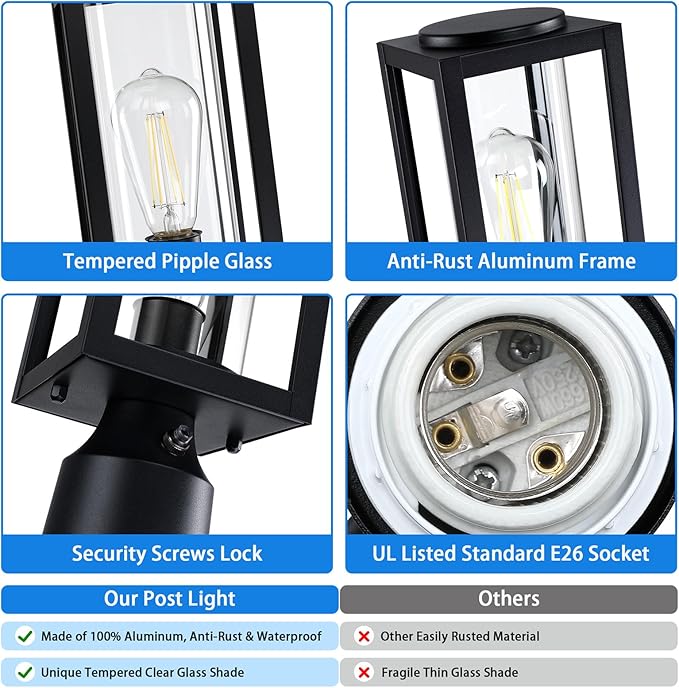 Dusk to Dawn Outdoor Post Lights 2 Packs Lamp Post Light Fixture Modern Black Exterior Post Lantern Fixture with Tempered Glass Anti-Rust Light Posts for Outside for Driveway Patio Garden