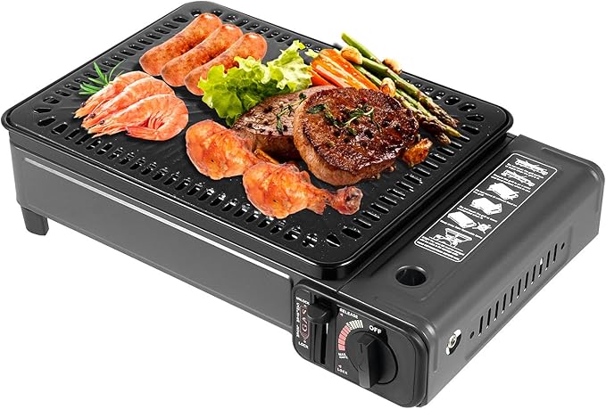 Gas Grill Butane Grill Stove Portable Camping Grill Gas Stove Free Standing BBQ Grill Portable Butane w/Grilling Net Carry Case for Camping Traveling Outdoor Cooking Black
