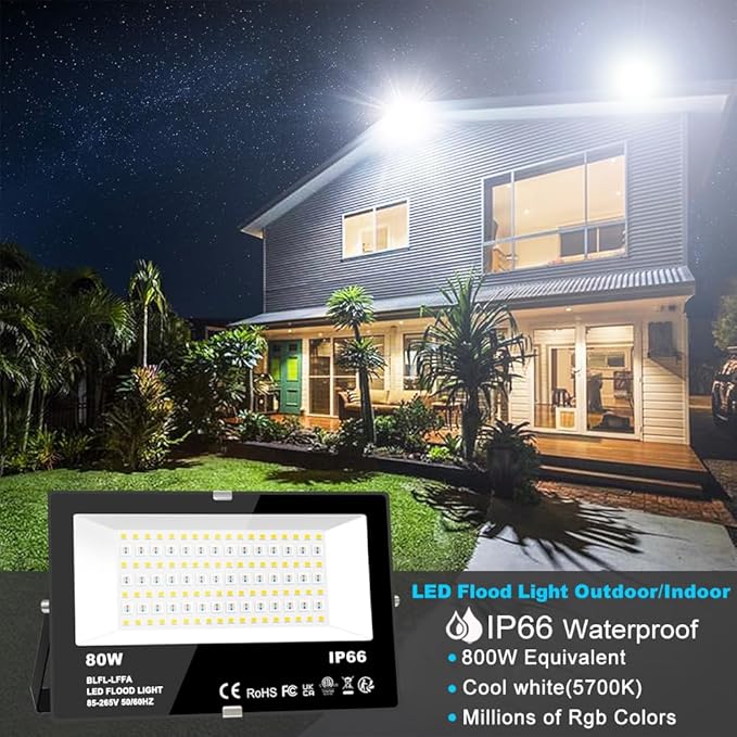 LED Flood Light Outdoor 800W Equivalent 8000LM RGB Landscape Light Controlled by BRmesh APP  No Remote DIY Scenes - Timing - 5700K Daylight White - Color Changing Uplight IP66 US Plug MELPO(4 Pack)