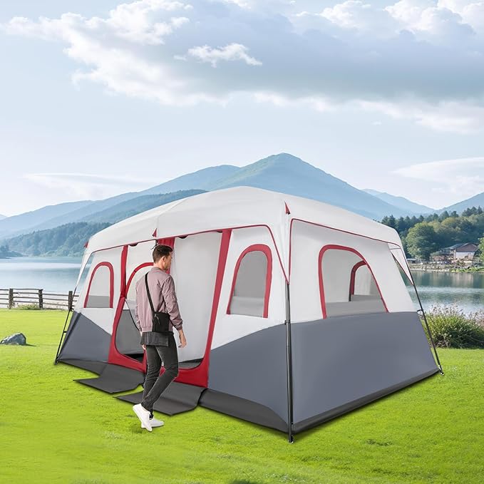 Large Camping Tent 8-12 Person Family Cabin Tents2 Rooms2 Doors and 6 Windows with MeshCarry BagWaterproof WindproofDouble LayerBig Tent for Outdoor CampingPicnicFamily Gathering
