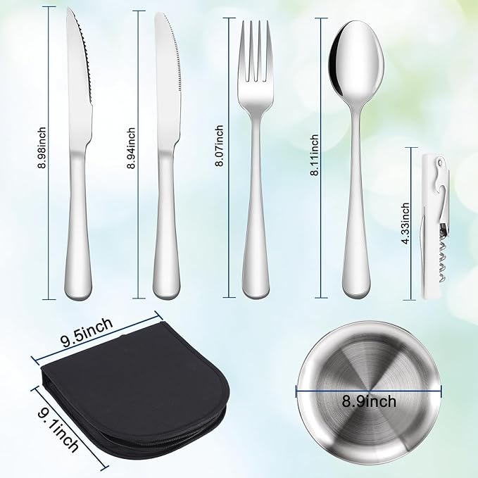 Outdoor Camping Silverware 10Pcs Set Stainless Steel Outdoor Camping Mess Kits Includes Forks Spoons Knives Fork Spoon Dish and Cap Opener Plates - Portable Cutlery Bag