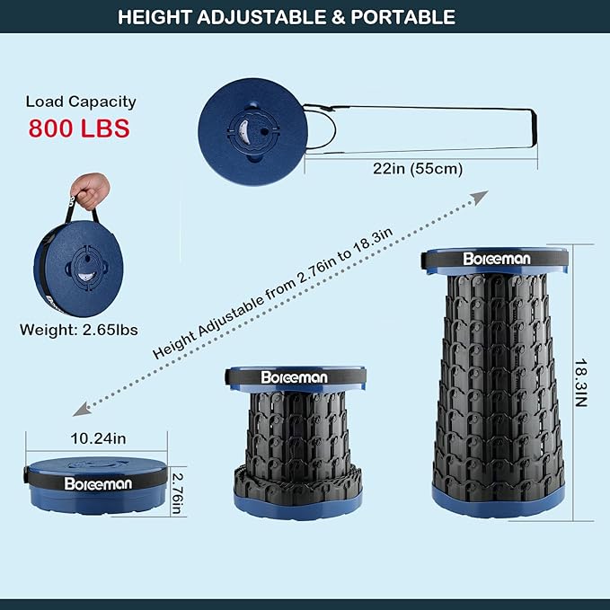 Boreeman 2026 Upgraded Collapsible Stool Lightweight Yet Sturdy with Load Capacity 800lbs Portable Folding Stool for Camping Fishing Hiking BBQ (Navy)