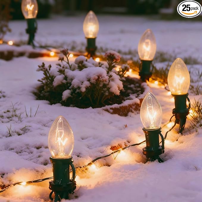 C9 Christmas Pathway Lights Outdoor 38Ft Outside Christmas Decorations with 25 7W Clear Bulbs and Stakes Waterproof Walkway String Lights for Outside Driveway Sidewalk Yard Path Holiday Xmas Decor