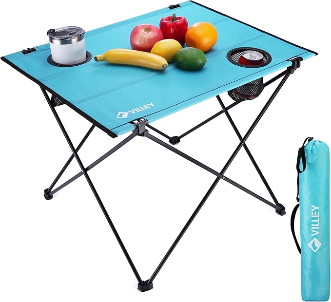 VILLEY Portable Folding Chair Lightweight Camping Chair &amp Folding Camping Table with 2 Cup Holders &amp Carry Bag