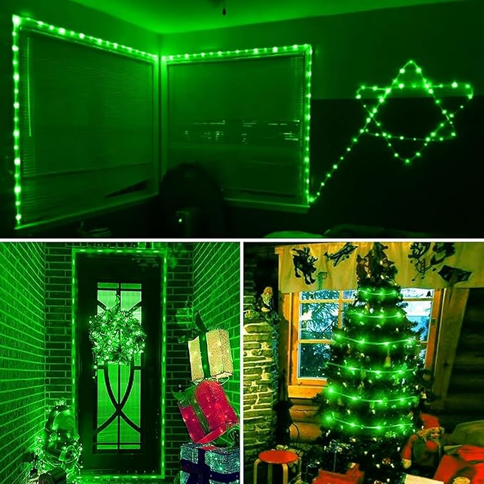 QITONG 2 Pack Green St Patricks Day Lights Each 33ft 100 LED Solar Rope Lights Outdoor 8 Modes Fairy Lights in Clear PVC Tube
