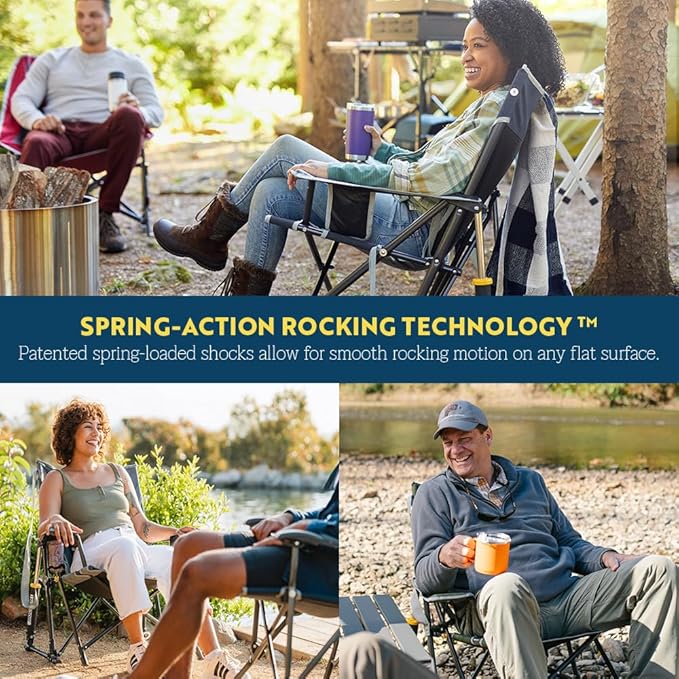 GCI Outdoor Kickback Rocker Camping Chair | Portable Folding Rocking Chair with Durable Armrests Drink Holder &amp Relaxed Lowered Seat for Comfort — Red