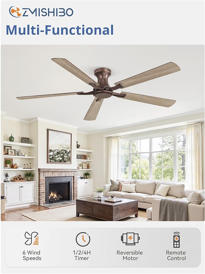 ZMISHIBO 60 Inch Ceiling Fan No Light Flush Mount Low Profile Farmhouse Brown Ceiling Fan Without Light Remote Control &amp Quiet DC Motor for Indoor&ampOutdoor Bedroom Living Room