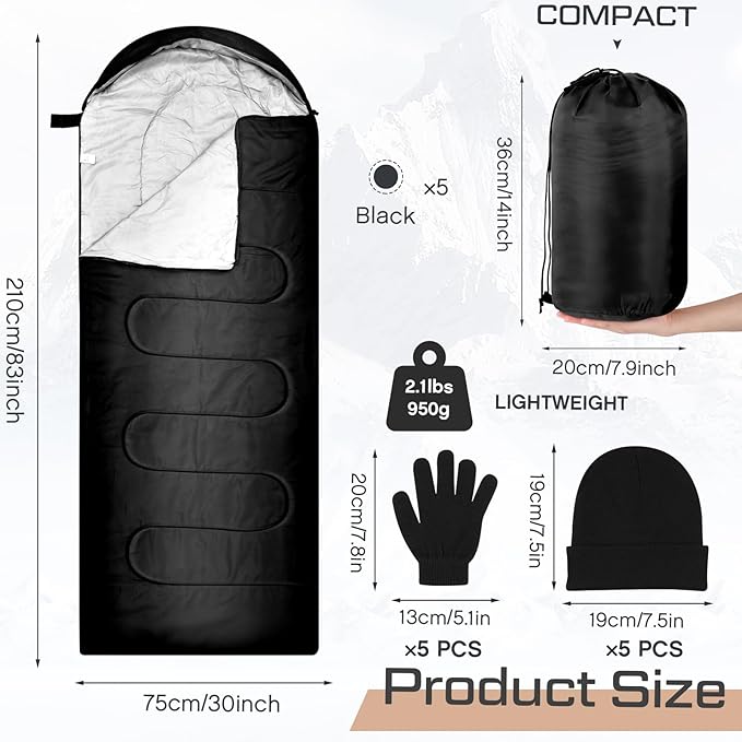 Tranqun 5 Packs Sleeping Bags for Homeless 5 Winter Beanies 5 Gloves Adults 0 Degree Camping Sleeping Bag Waterproof Lightweight for Donation Shelter