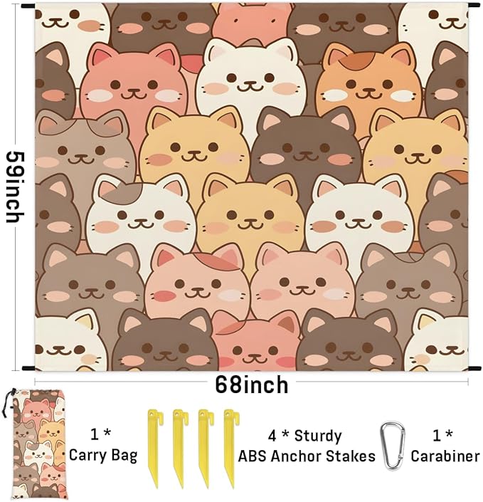 Waterproof Sandproof Beach Blanket 59''×68'' Cute Cats Polyester Outdoor Picnic Blanket with 4 Stakes &amp Storage Bag for BeachCampingVacation Multi-Color