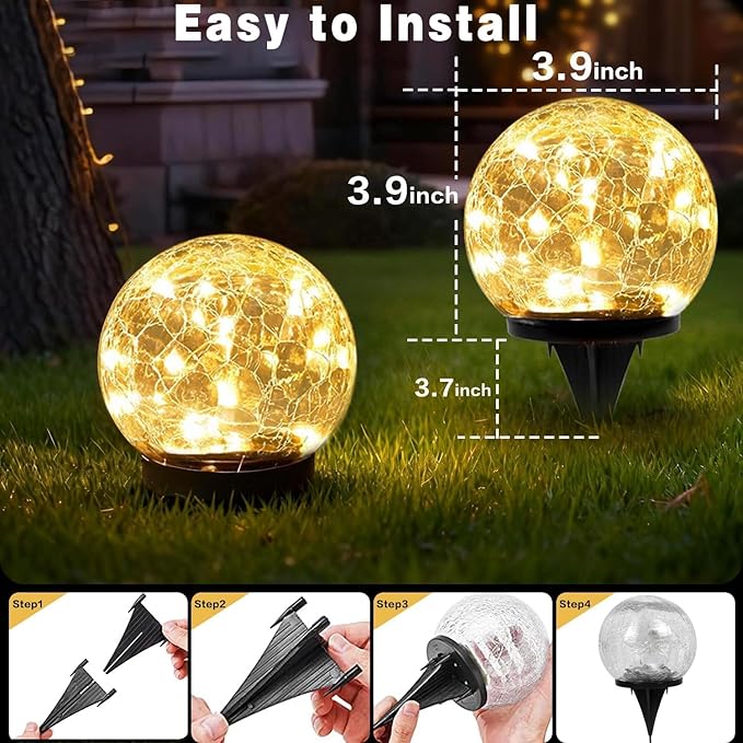 Solar Garden Lights Outdoor Waterproof 4 Pack 30 LEDs Cracked Glass Ball Light Ground Landscape Garden Decor Solar Globe Decorative for Pathway/Patio/Lawn/Yard (Warm White 3.9)