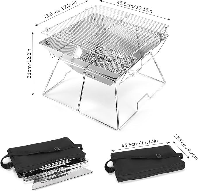 Odoland Folding Campfire Grill 304 Stainless Steel Grate Barbeque Grill Portable Camping Grill with Legs for Picnics Backpacking Outdoor with Carrying Bag and Kitchen Tongs