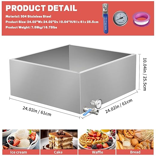 Maple Syrup Evaporator Pan 304 Stainless Steel Maple Syrup Evaporator with Valve and Thermometer 24.9Gal Feed Pan for Boiling Maple Syrup 24 x 24 x 10 Inch for Home and Outdoor Use