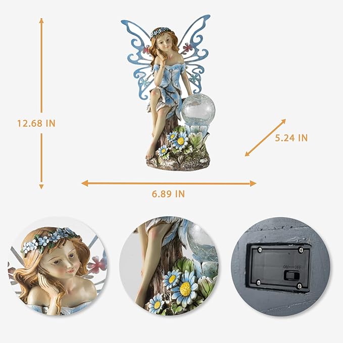 Garden Fairy DecorSolar Outdoor Statues Fairy Garden Accessories Fairy Figurine for Outside GiftsResin Ornaments for Patio Yard LawnSize6.89 x 5.24x 12.68 inches