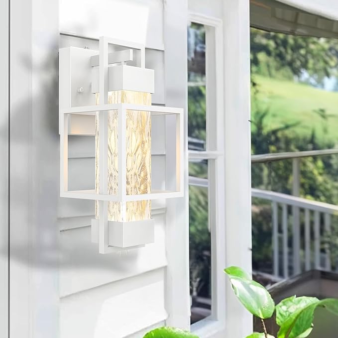 PARTPHONER Modern Outdoor Light Fixture Dusk to Dawn Outdoor Lighting 15 H Exterior Wall Sconce Waterproof Porch Light Outside Light for House with Water Glass for Garage Doorway White