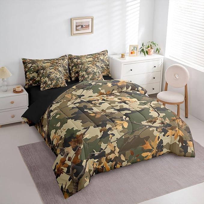 jejeloiu Camouflage Botanical 7 Piece Bedding Set for Girls Boys Kids Full Size Camo Bed in a Bag Room Decor Military Style Comforter Set with SheetsPillowcases &amp Cushion Cover Microfiber