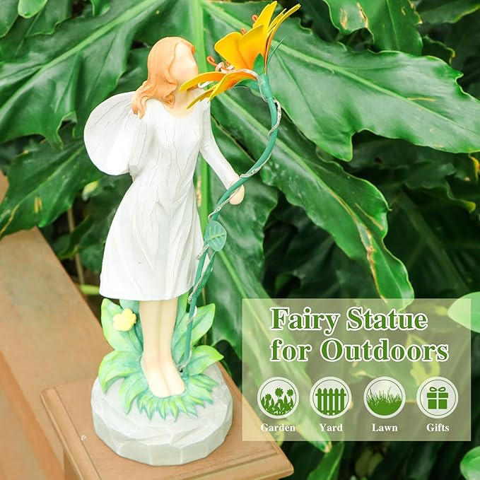 Fairy Garden Statue Outdoor Decor Solar Powered Garden Sculptures Fairy Resin Statues Waterproof Yellow Flower Solar LED Lights Yard Art Decorations for Outside Patio Lawn Decor