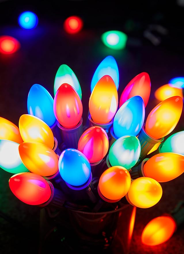 Multicolor C7 LED Christmas Lights Outdoor 50FT Colorful Christmas String Lights with 50+2 Plastic Bulbs Traditional Hanging Holiday Lights for Christmas Tree Patio Fence Roofline Xmas Decorations
