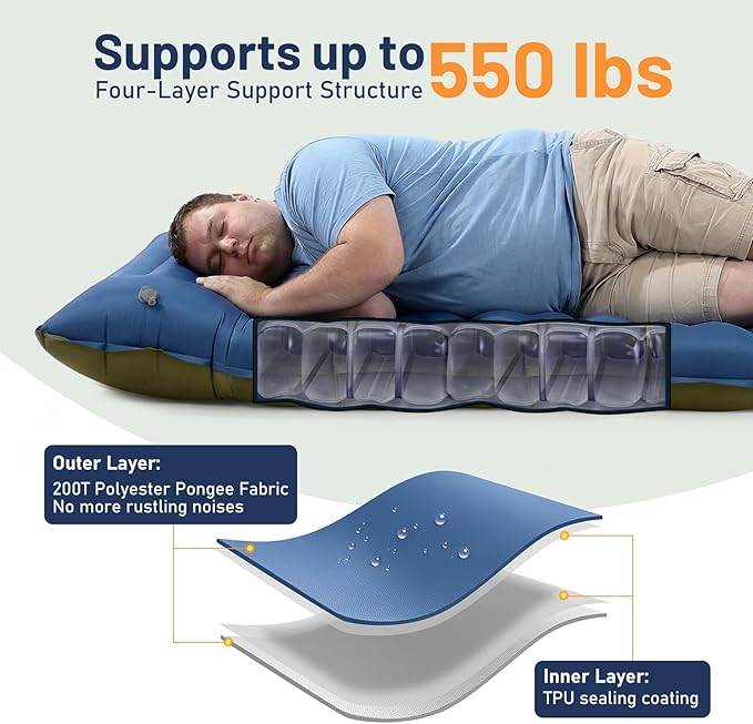 KASBAH Camping Sleeping PadExtra Wide 6 inch Thick Inflatable Sleeping Pads with Built-in Foot Pump and PillowUltralight Camping Mat Gear for Outdoor HikingCamping
