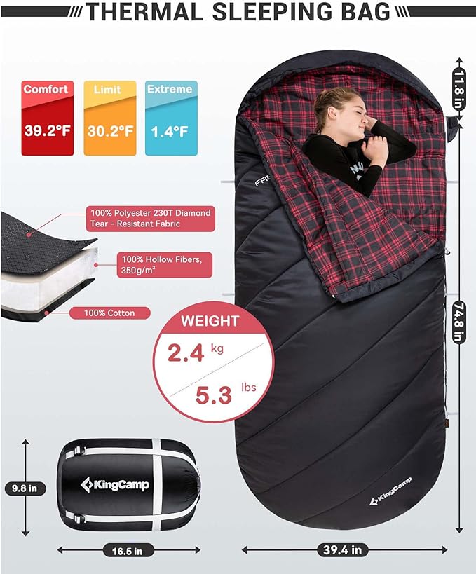 KingCamp Sleeping Bag for Adults Cold Weather &amp Warm Extra Wide Big &amp Tall XL Portable Waterproof Flannel Sleeping Bags Essentials Gear Accessories for Camping Backpacking Hiking Indoor &amp