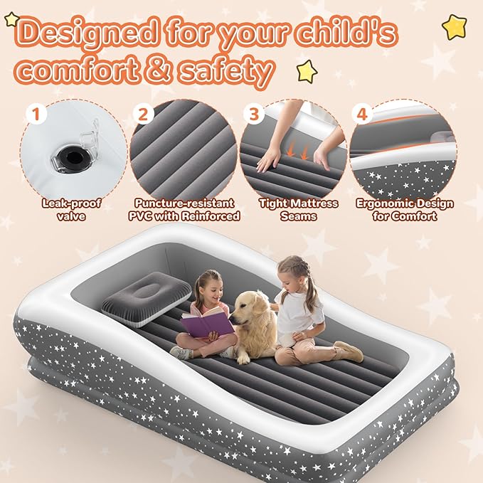 Inflatable Toddler Travel Bed - Grey Soft Toddler air Mattress with Bumpers for Easy to Inflate &amp Deflate - Portable Blow up Toddler Bed Travel with Sides for Trip Sleeping