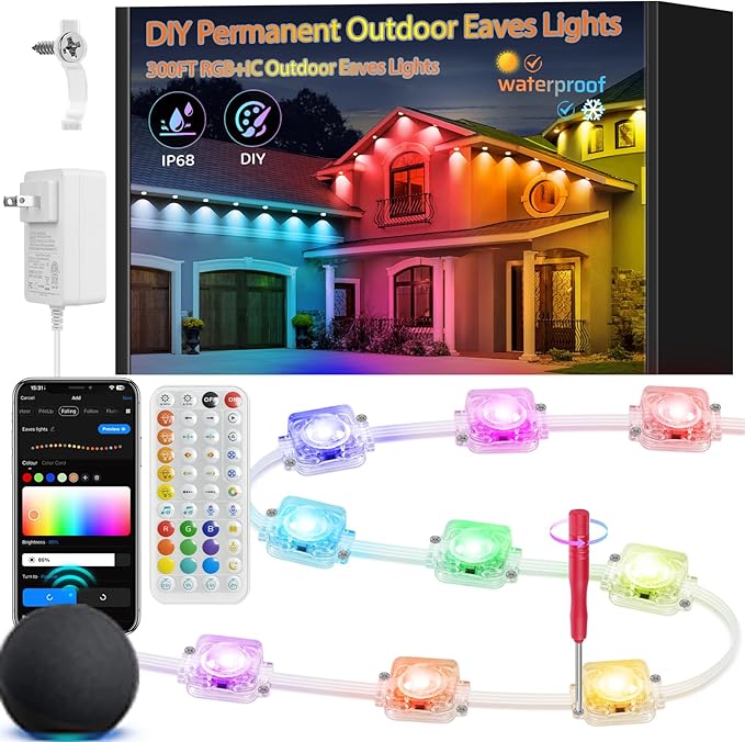 300FT IP68 WiFi DIY Design Permanent Outdoor LightArbitrary Trimming Smart RGB+IC Waterproof LED Eaves Lights for Christmas DecorationsHalloweenCompatible with AlexaGoogle Assistant