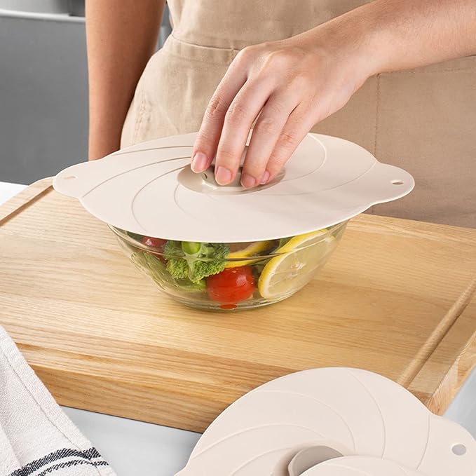 Silicone Food Can Lids 6Pcs Heat Beige Sealing Pot Pan Covers - Leakproof Airtight Design Multipurpose Kitchen Storage