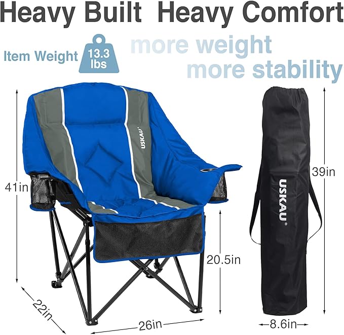 Oversized Camping Chair for Adults - Heavy Duty 400 lbs Padded Folding Chair with Wine Glass Holder 2 Cup Holders &amp Side Pockets Portable Carry Bag for RV Tailgating Lawn