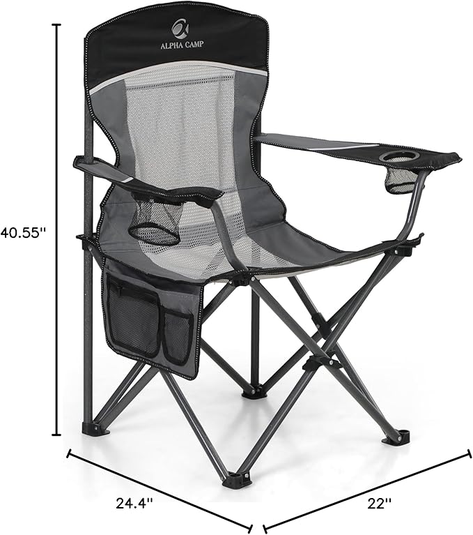 LET'S CAMP Mesh Back Camping Chair Portable Folding Heavy Duty Outdoor Chair Support 330 LBS Durable Large Arm Chair with Cup Holder and Carry Bag for Camp Fishing Hiking Black