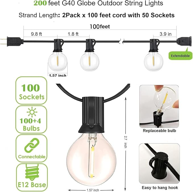 200Feet Outdoor String Lights G40 Globe String Lights 100+4 Replaceable 2200K Warm Bulbs Connectable Waterproof Outside Lights for Patio Backyard Party Wedding 2Pack x 100FT