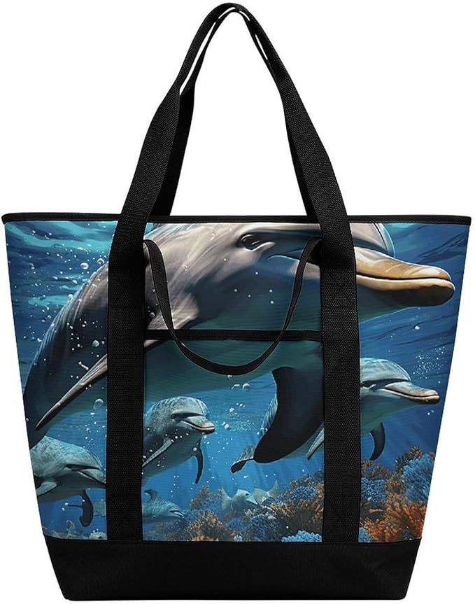 Insulated Shopping BagLarge Reusable Cooler Bags Dolphins Printed Foldable Shopping BagTravel Waterproof Shoulder Bag