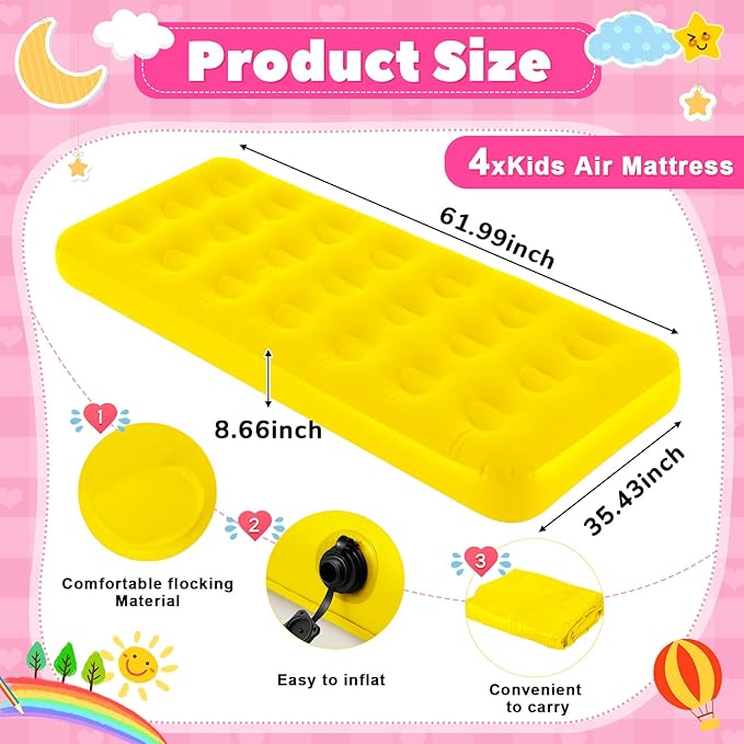 Leyndo 4 Pack Kids Air Mattress - Toddler Inflatable Bed Blow up Air Mattress for Camping Sleepovers Slumber Party Travel Portable Toddler Bed for Ages 3-10 61.99x 35.43 x 8.66 (Multicolor)