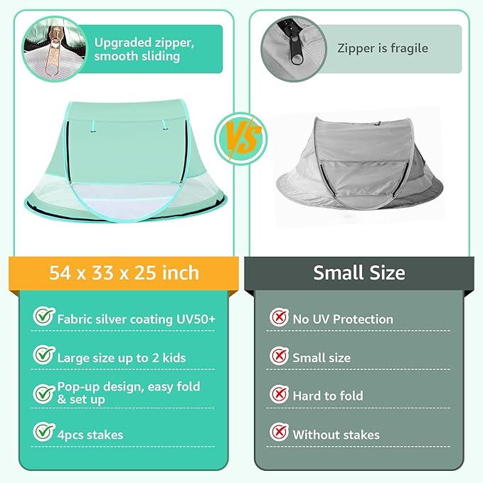 Baby Beach Tent Pop Up Beach Tent Sun Shade for Beach UPF 50+ UV Protection Sun Shelters for Infants with Carry Bag for Outdoor Travel Camping(Green)