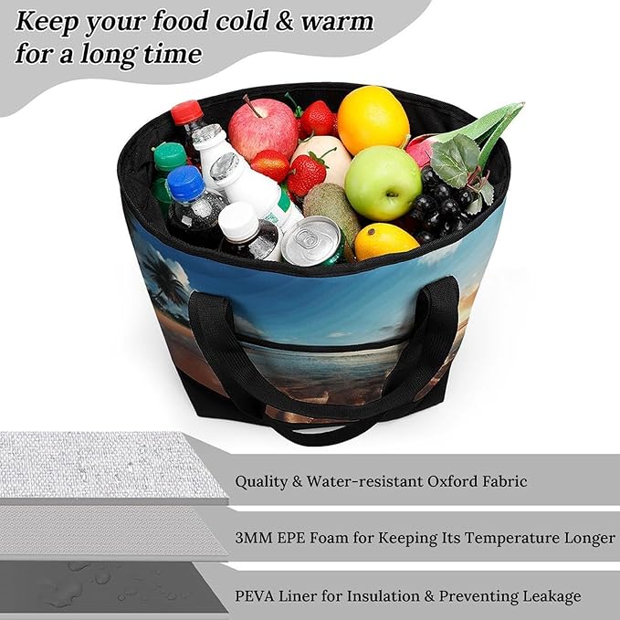 Insulated Shopping BagLarge Reusable Cooler Bags Beach Sunset Tranquil Printed Foldable Shopping BagTravel Waterproof Shoulder Bag