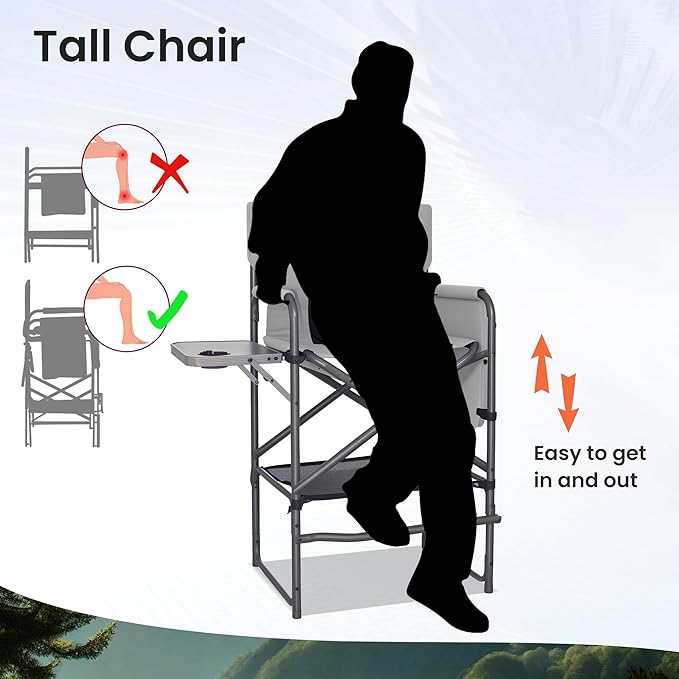 30 Bar Height Director Chair - 400lbs Heavy Duty with Detachable Footrest &amp Side Table Portable Foldable Chair for Makeup Artists/Outdoor Events (Black/Gray)