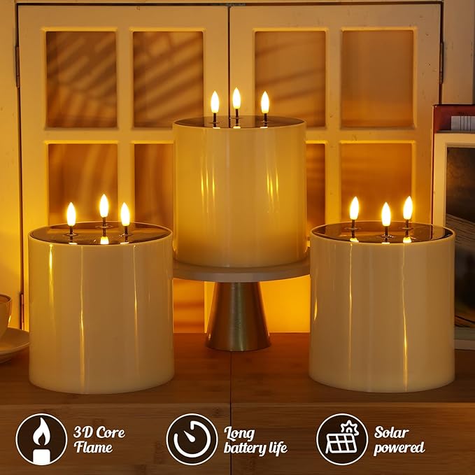3 Pack Solar Large Flameless Candles with 3 Wicks 5. 9 x 5. 9 Waterproof Outdoor LED Pillar Candles Battery Operated Jumbo Flickering Candlestick for Home Patio Church Lanterns Ivory