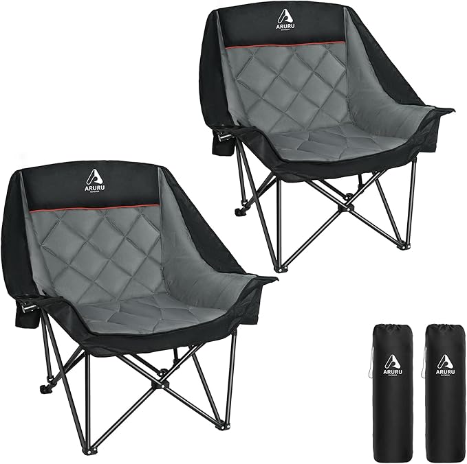 Oversized XL Camping Chair for Adults Heavy Duty | 450LBS Support Padded Folding Lawn Chairs with Side Pocket Cup Holder Cooling Bag for Outdoor Sports Garden Beach Fishing