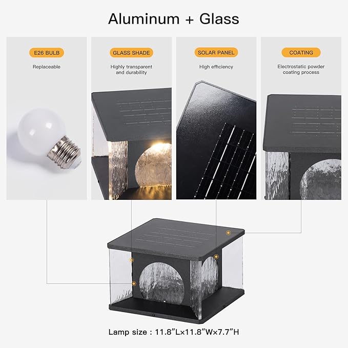 Large Solar Post Lights Outdoor 11.8 Glass Column Lights Outside Post Lights Solar Powered Modern Pillar Light Waterproof Dusk to Dawn Lantern Column Lamp for Patio Gate Driveway Pathway