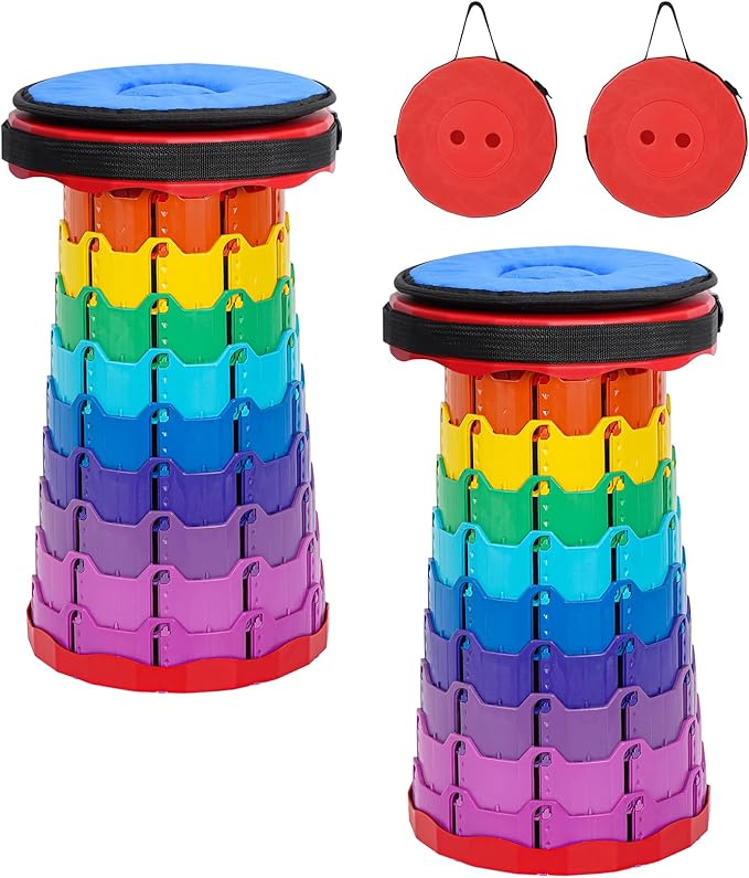 2 Pack Portable Telescoping Stools Collapsible Stool with CushionRetractable Foldingstool Max Load Capacity 400lbs Portable Collapsible Stools for Camping Hiking Outdoor BBQ Rainbow-Red