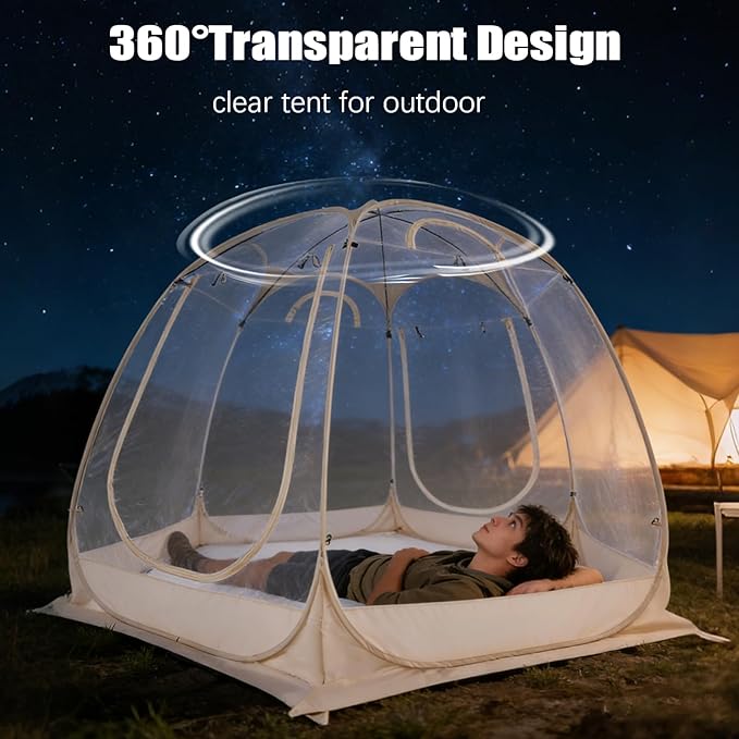 Pop up Bubble Tent | 10x10FT Portable Camping Screen House | Cold Protection Camping Tent | Weatherproof Clear Tent Shelter for 4-8 People | Storage Bags | with Double-Headed Zippers