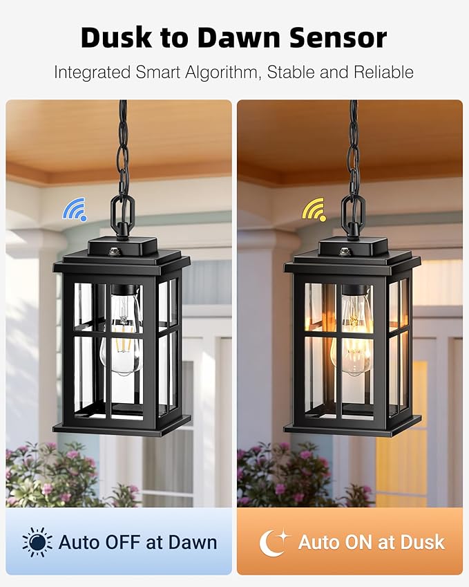 Black Dusk to Dawn Outdoor Pendant Light Modern Hanging Light Fixture with Tempered Glass Waterproof Exterior Ceiling Lights for Patio Porch House Anti-Rust Aluminum Adjustable Chain
